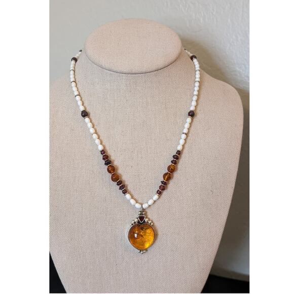 DEL Sterling Amber Heart Amber Garnet Freshwater Pearl Pendant Necklace - Picture 2 of 12